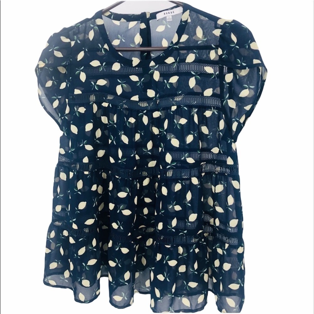 RO & DE‎ Women’s s Navy blue sheer Baby doll top w/lemons design Size small